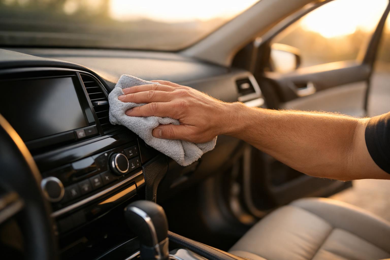 Interior de auto detallado con paño de microfibra